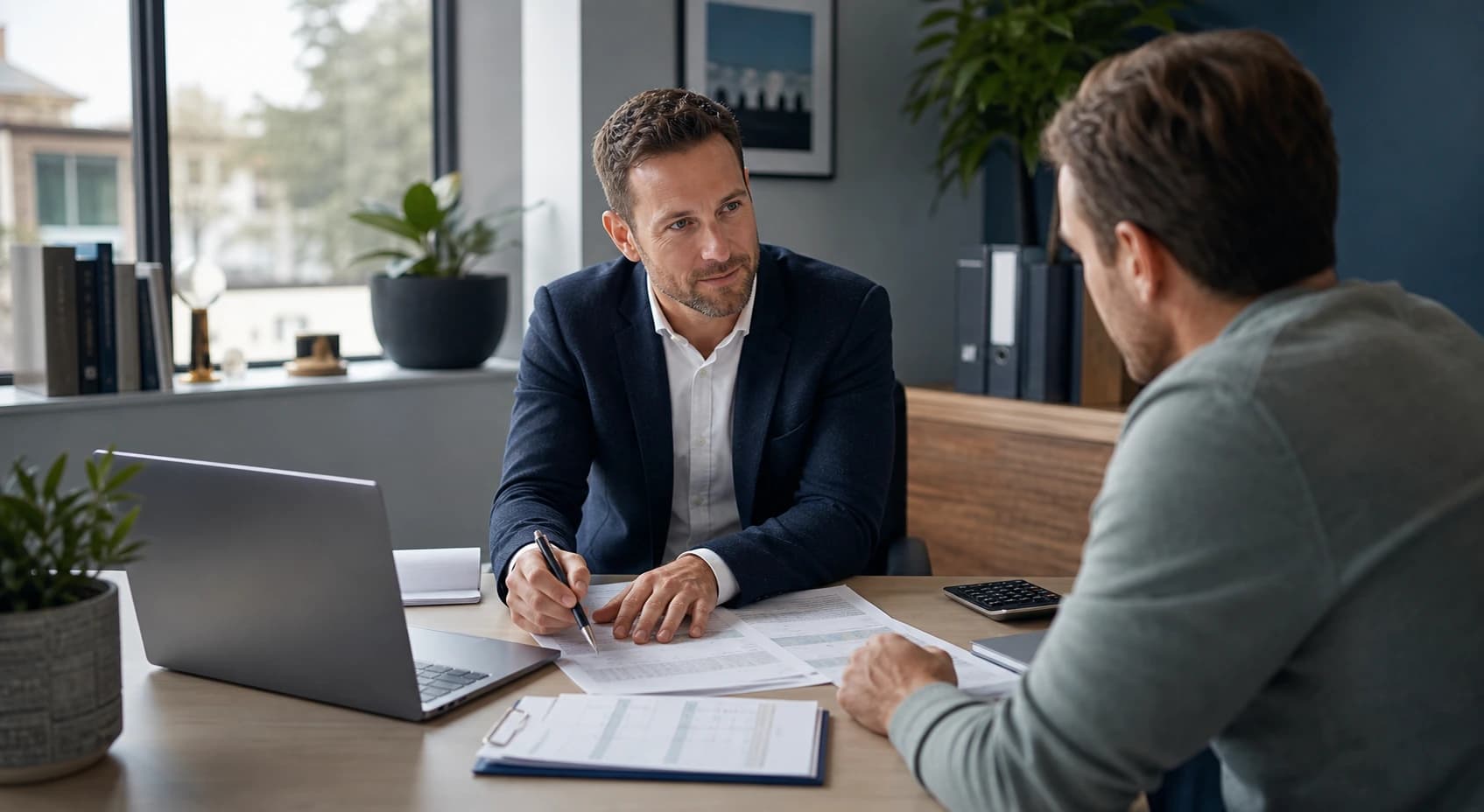 Accountant reviewing documents and financial charts with a small business owner